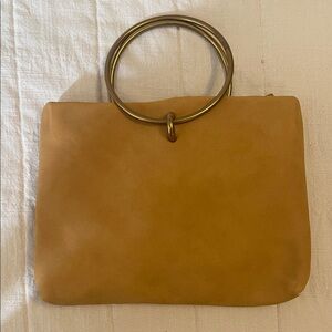 Chic Tan Handbag with Gold Ring Handles